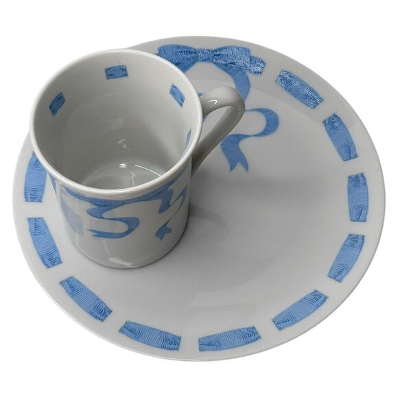 VTG Neiman Marcus Trompe l'Oeil Blue Ribbon MUG & PLATE SET Japan Made White NEW - Picture 6 of 6